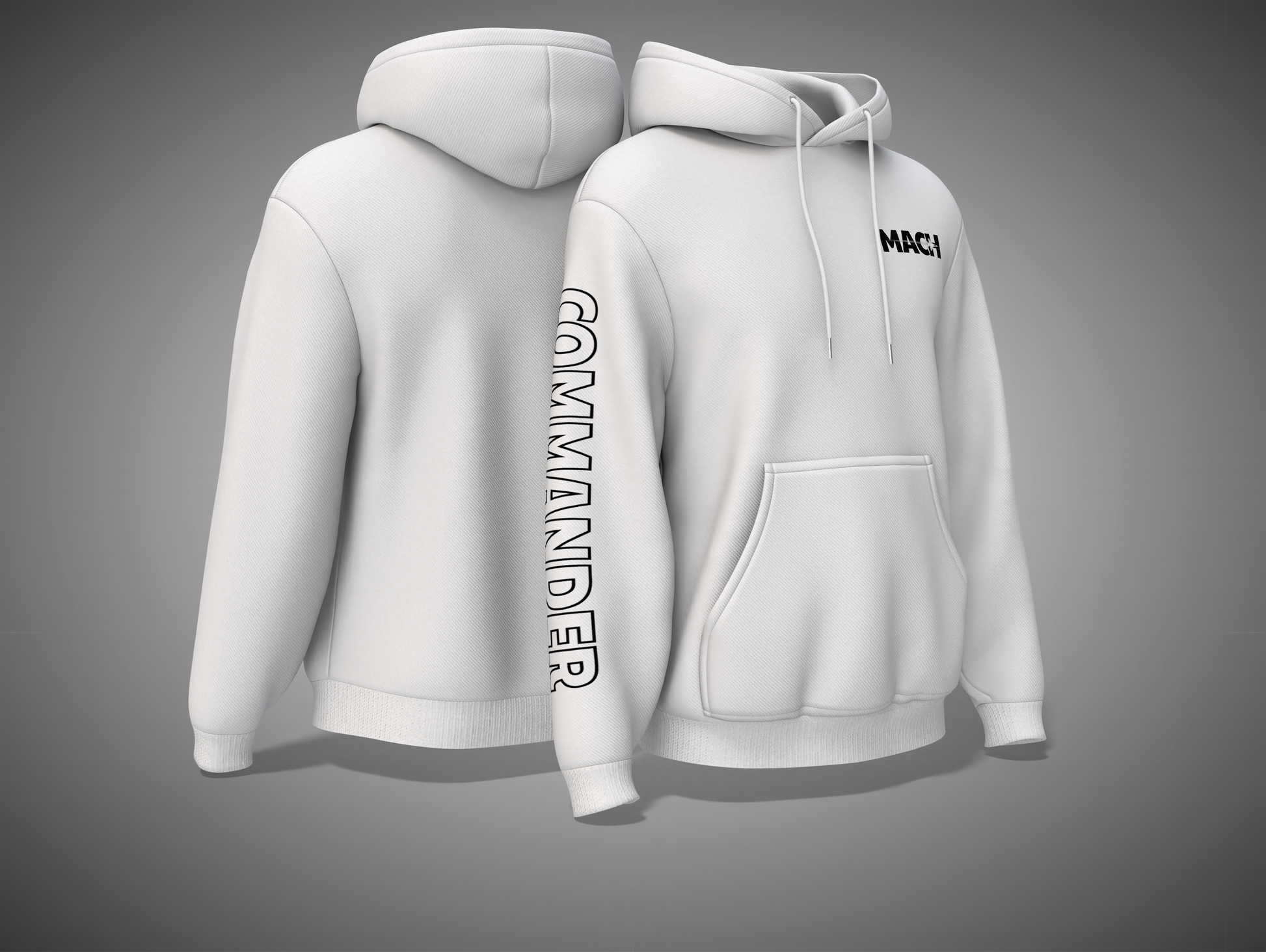 White hoodie with text on front and back on a gray background
