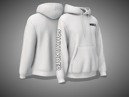 White hoodie with text on front and back on a gray background