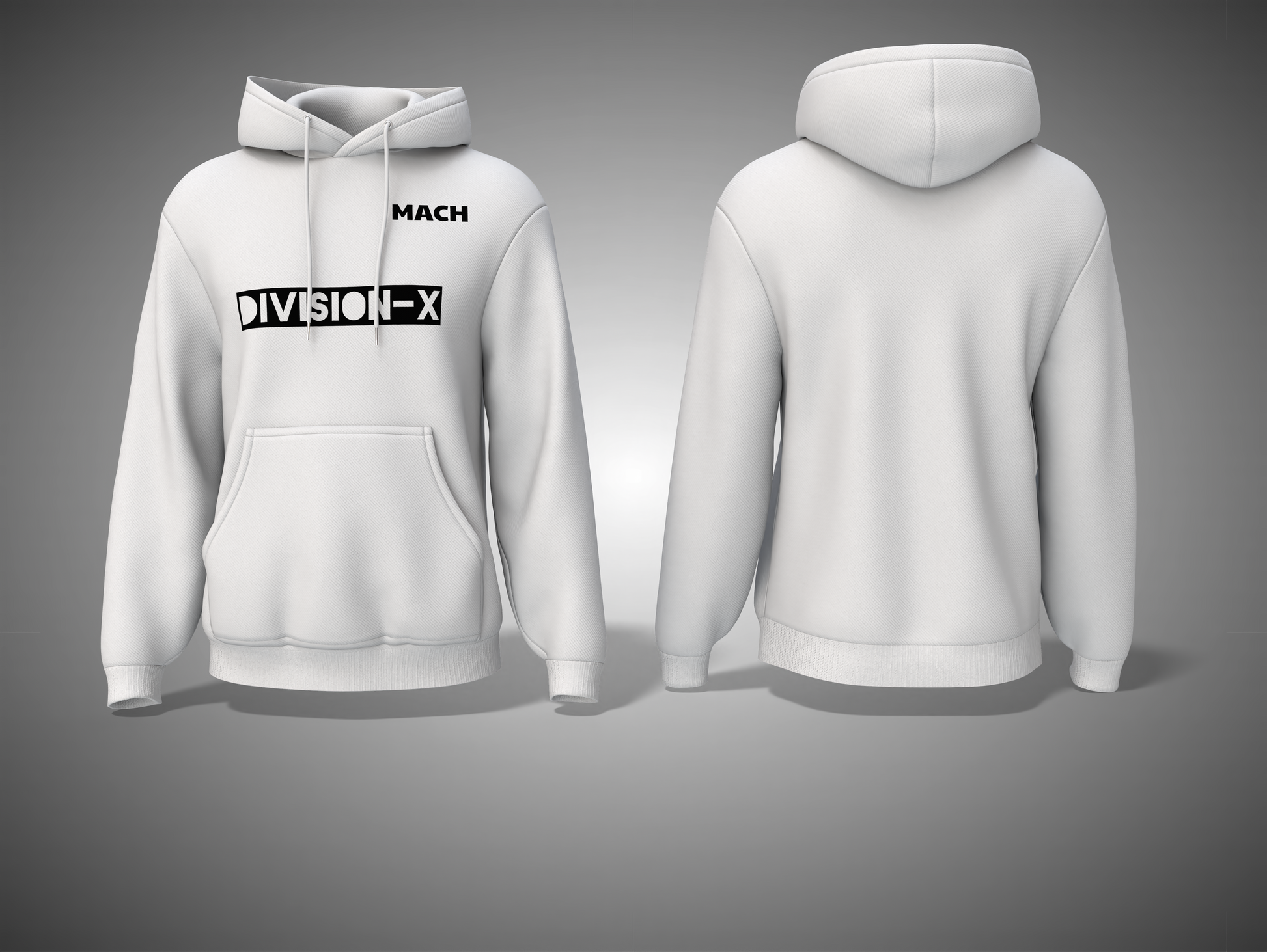White hoodie with 'MACH DIVISION-X' text on a gray background