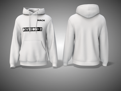 White hoodie with 'MACH DIVISION-X' text on a gray background