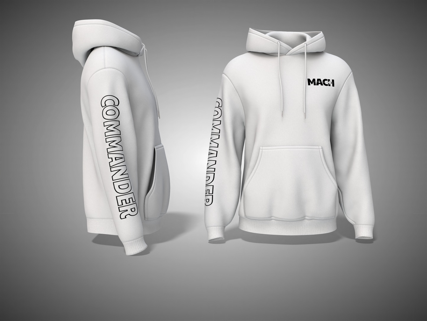 White hoodie with 'COMMANDER' text on the sleeve and 'MACH' logo on the chest against a gray background