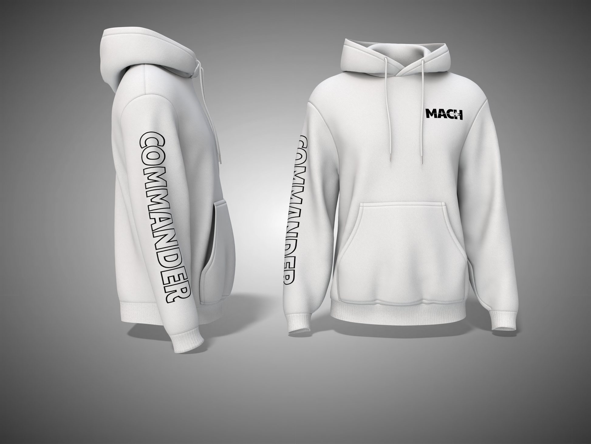 White hoodie with 'COMMANDER' text on the sleeve and 'MACH' logo on the chest against a gray background