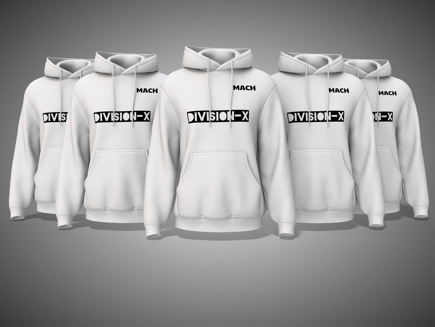 White hoodies with 'Division-X' branding on a gray background