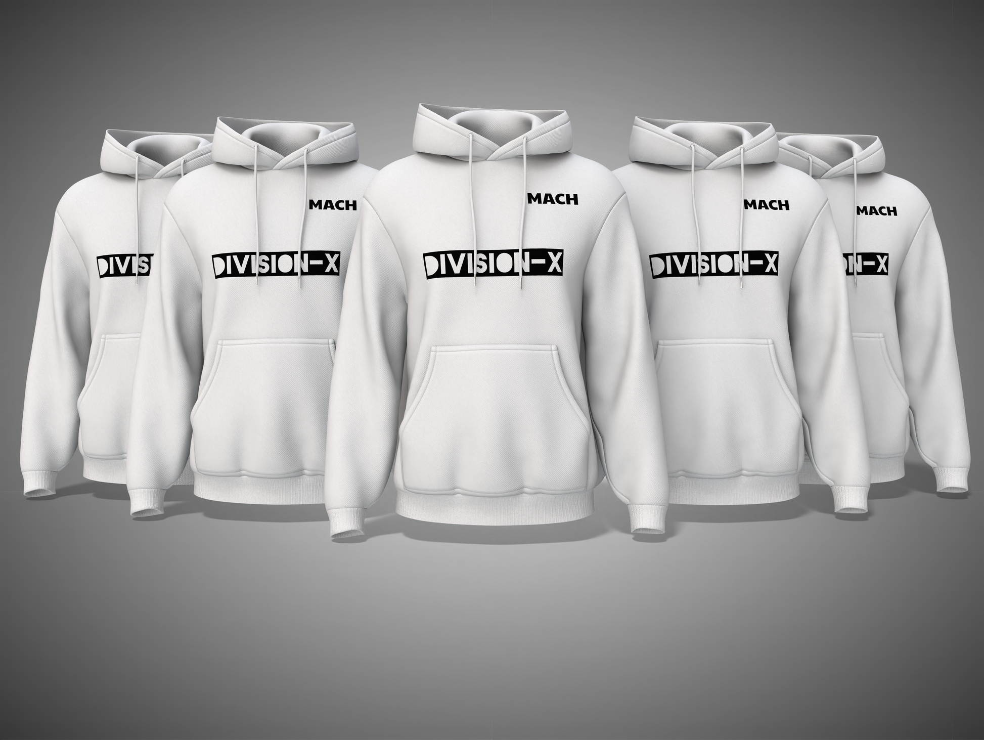White hoodies with 'Division-X' branding on a gray background
