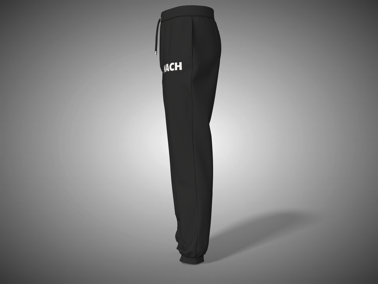 Black jogger pants with a brand logo on a gray background