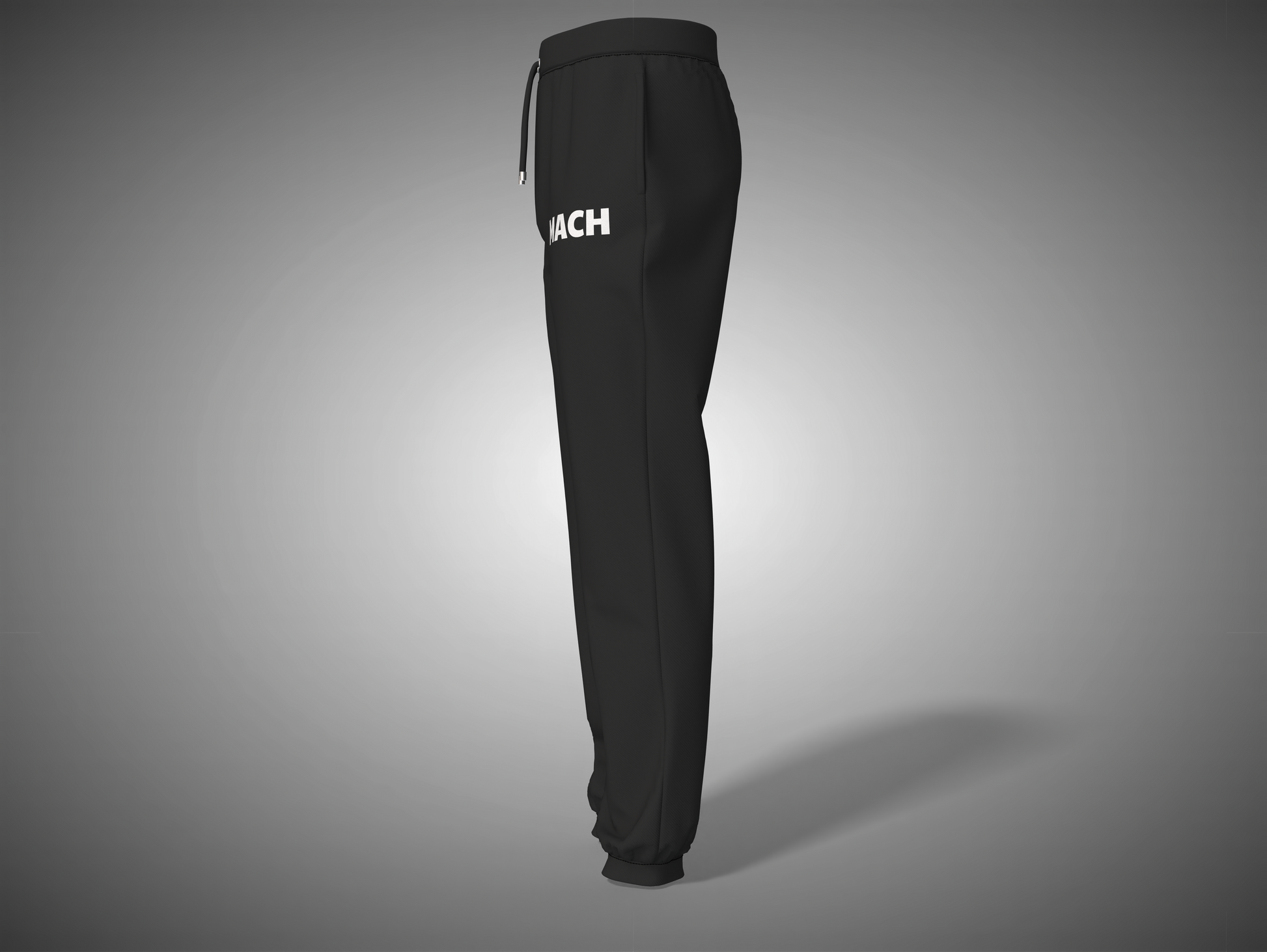 Black jogger pants with a brand logo on a gray background