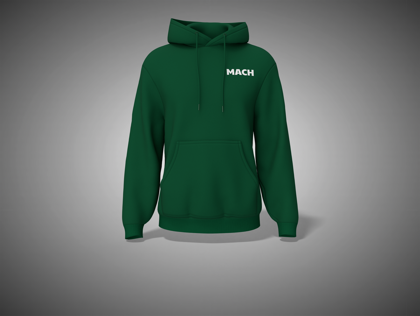 Bottle Green hoodie with 'MACH' logo on a gray background