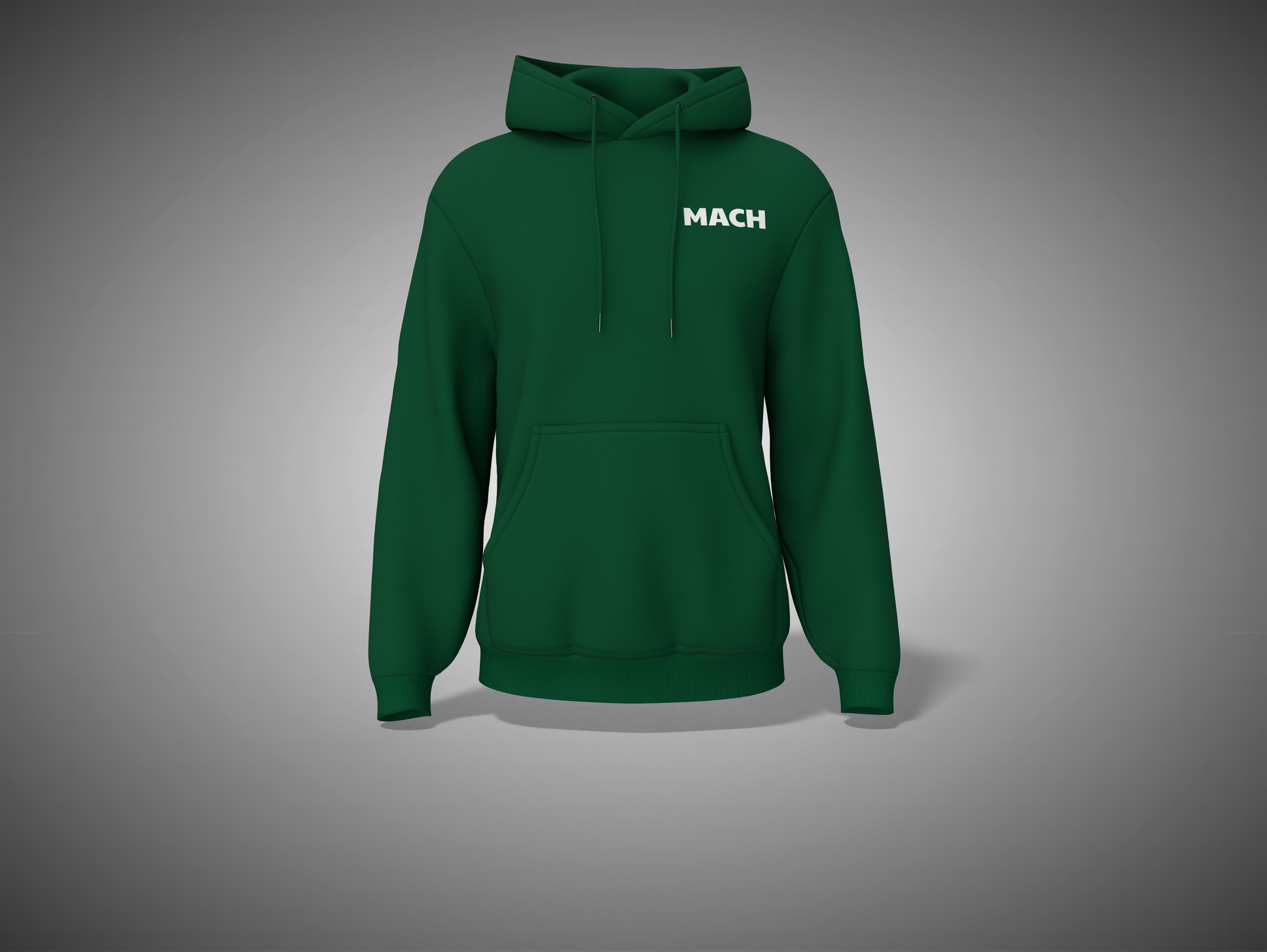 Bottle Green hoodie with 'MACH' logo on a gray background