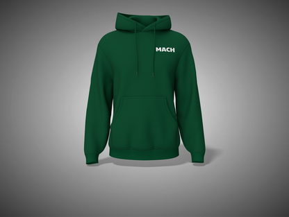 Bottle Green hoodie with 'MACH' logo on a gray background