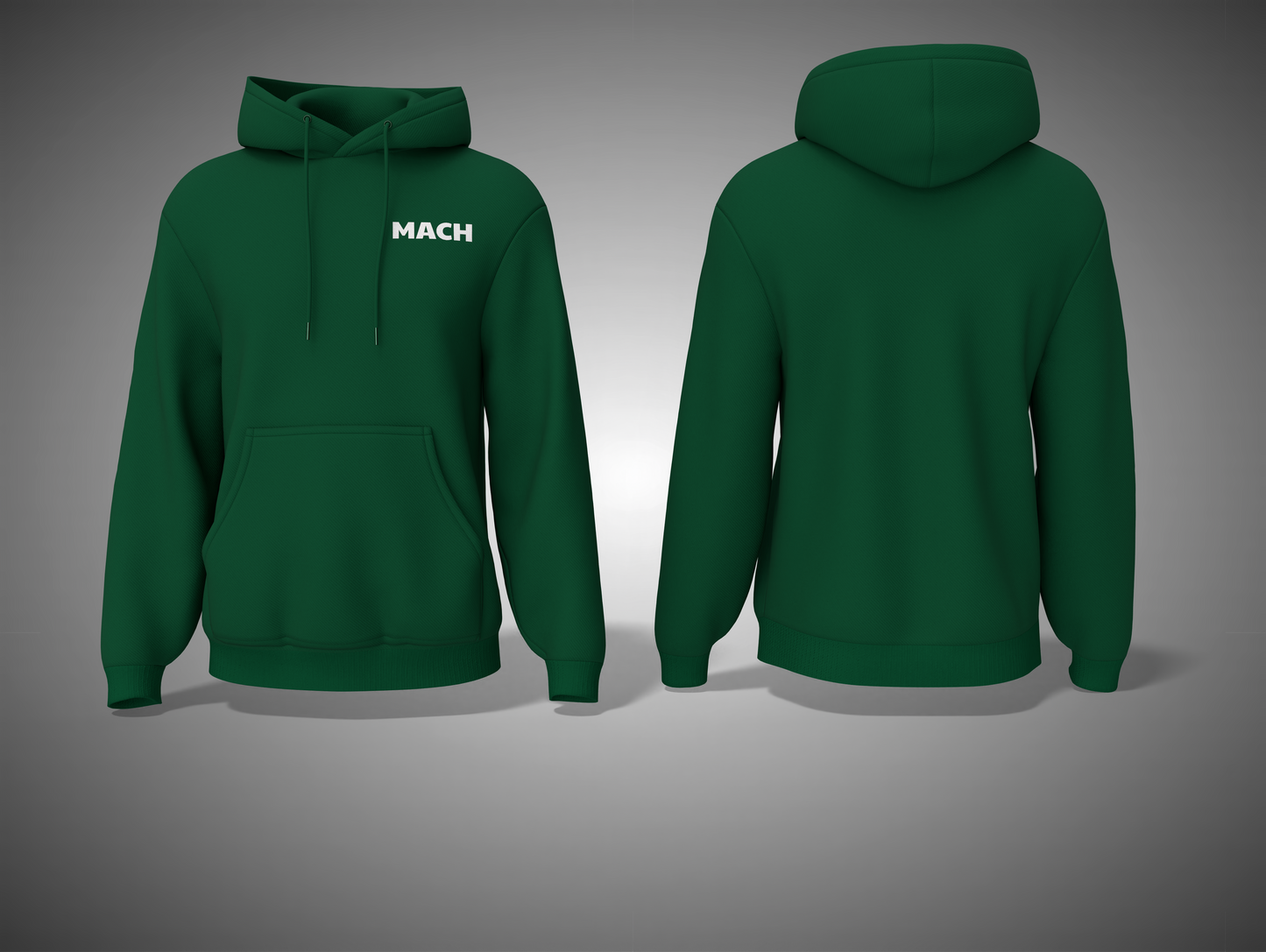 Bottle  Green hoodie with 'MACH' branding on a gray background