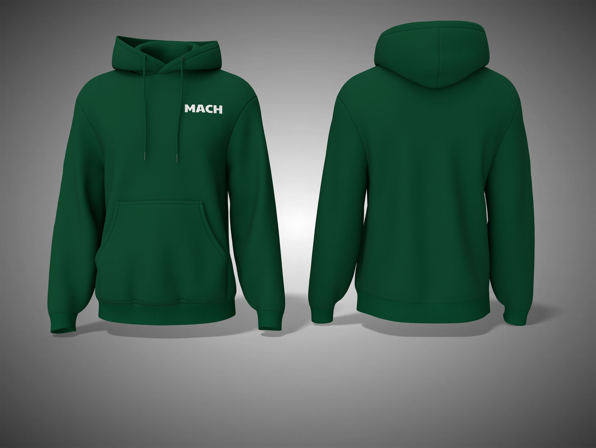 Bottle  Green hoodie with 'MACH' branding on a gray background