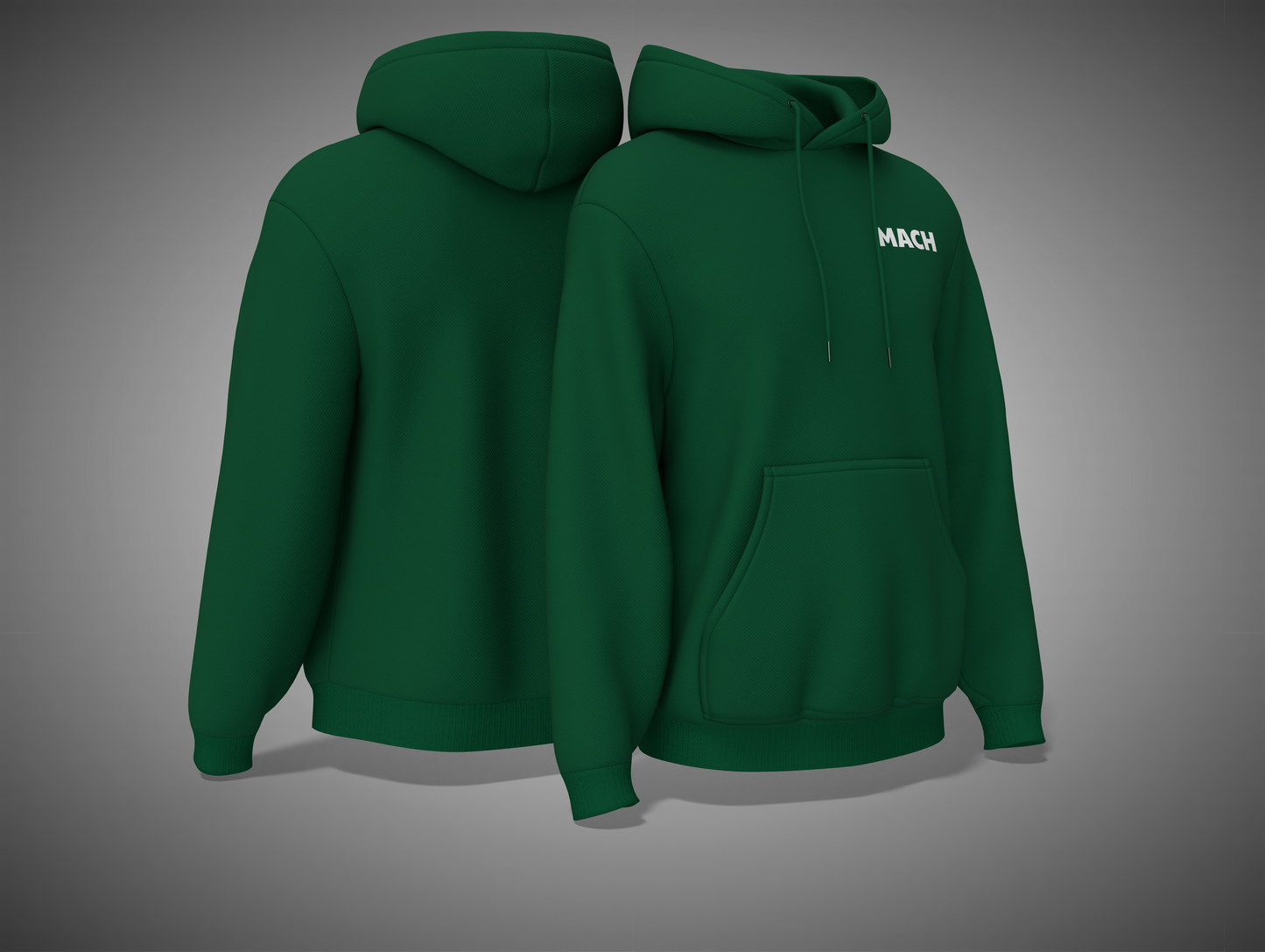 Bottle Green hoodie shown from front and back on a gray background