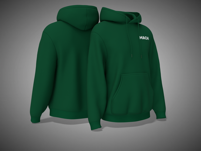 Bottle Green hoodie shown from front and back on a gray background