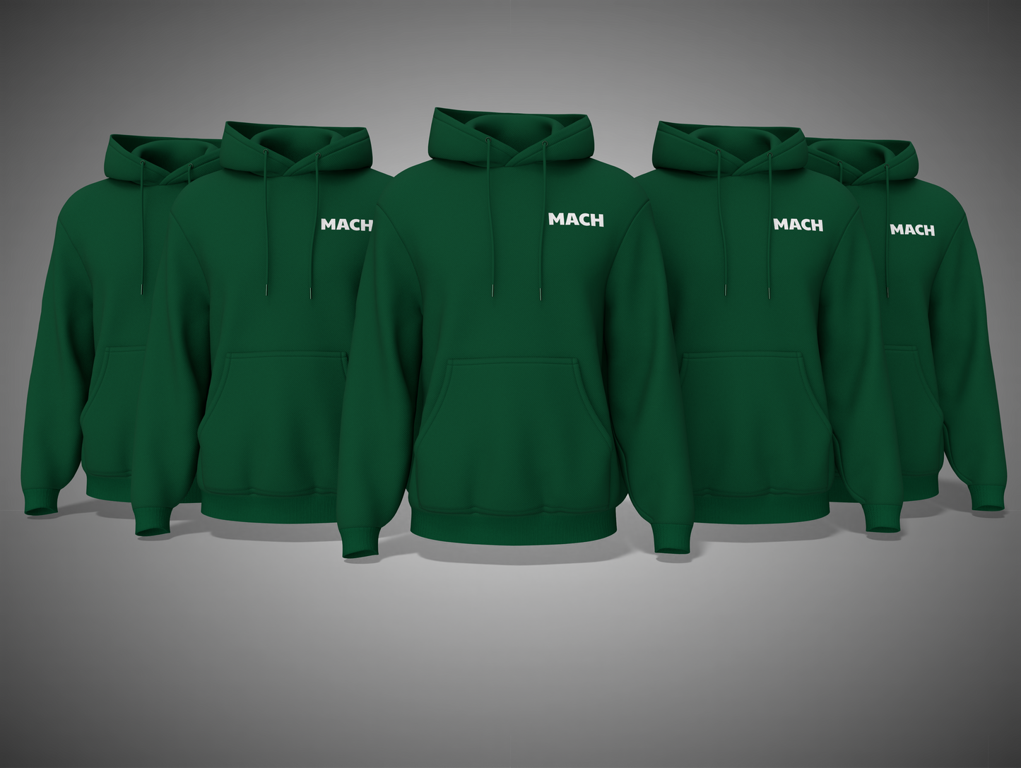 Bottle Green hoodies with 'MACH' branding on a gray background