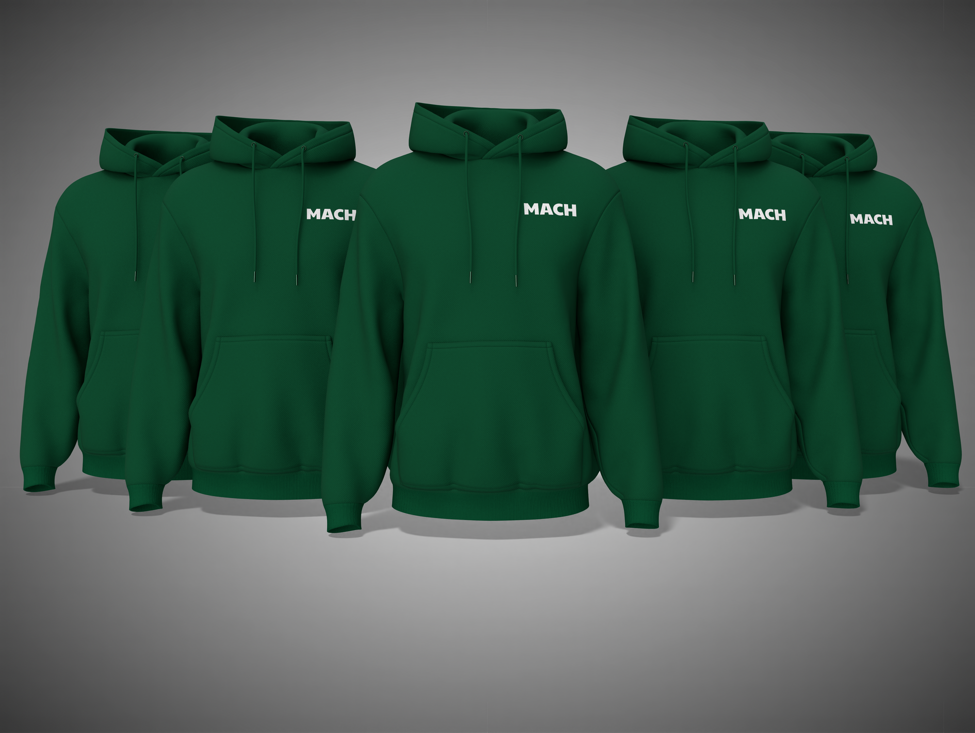 Bottle Green hoodies with 'MACH' branding on a gray background