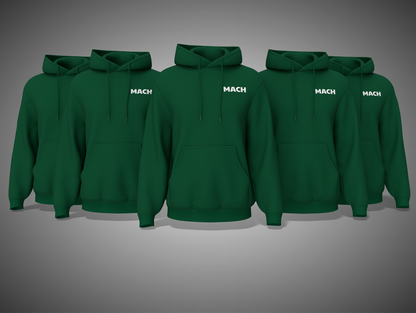 Bottle Green hoodies with 'MACH' branding on a gray background