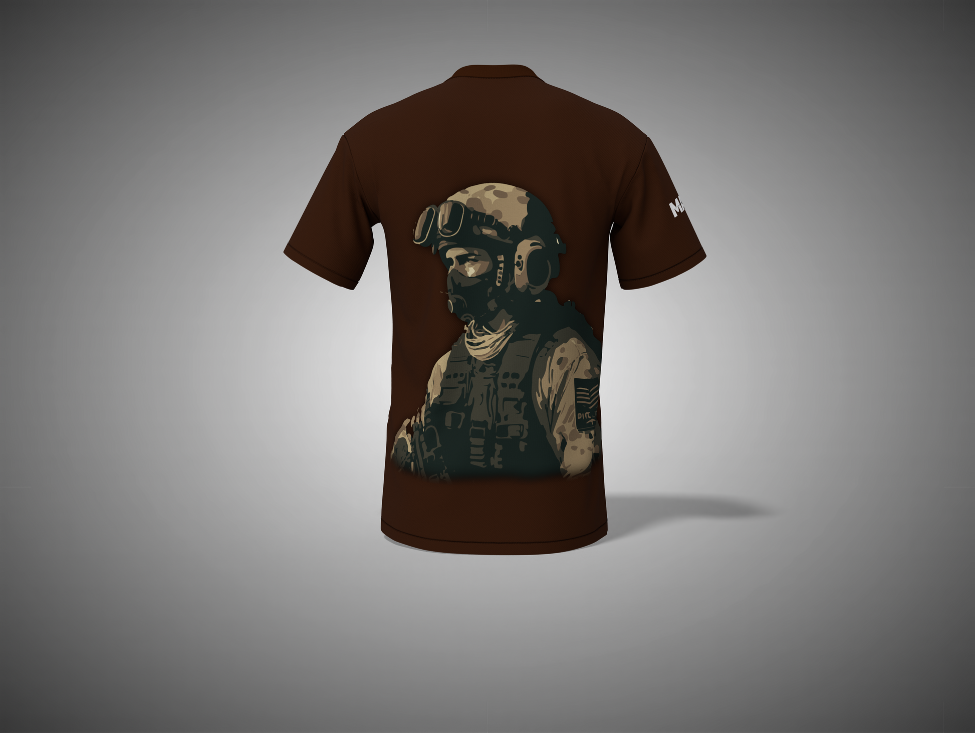 Coffee Brown t-shirt with a graphic of a soldier on the back against a gray background