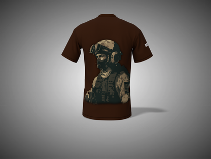 Coffee Brown t-shirt with a graphic of a soldier on the back against a gray background