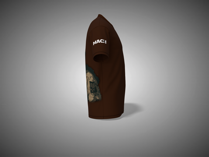 Coffee Brown t-shirt with graphic design on a gray background