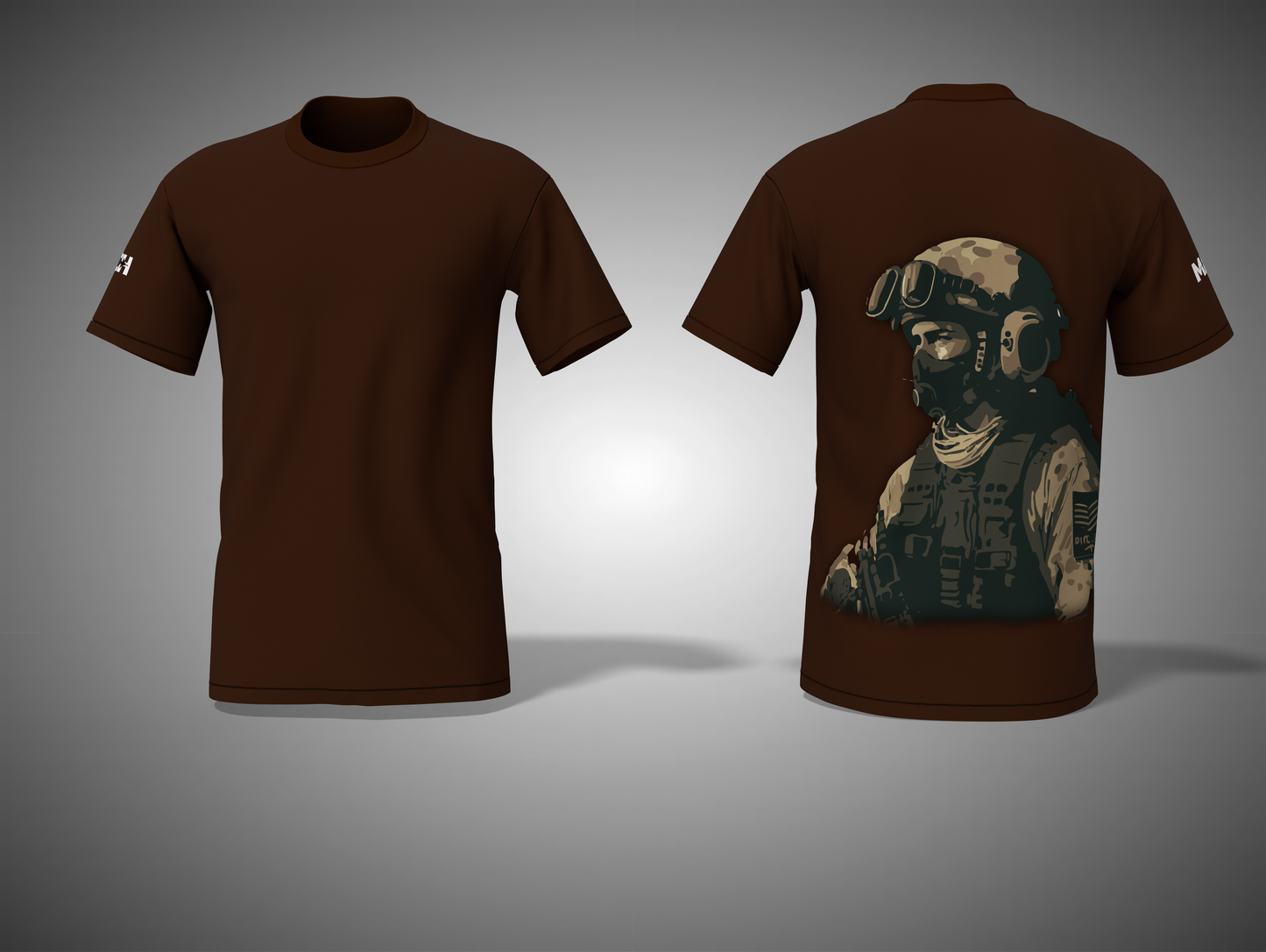 Coffee Brown t-shirt with a graphic of a soldier on the back, shown from front and back views.