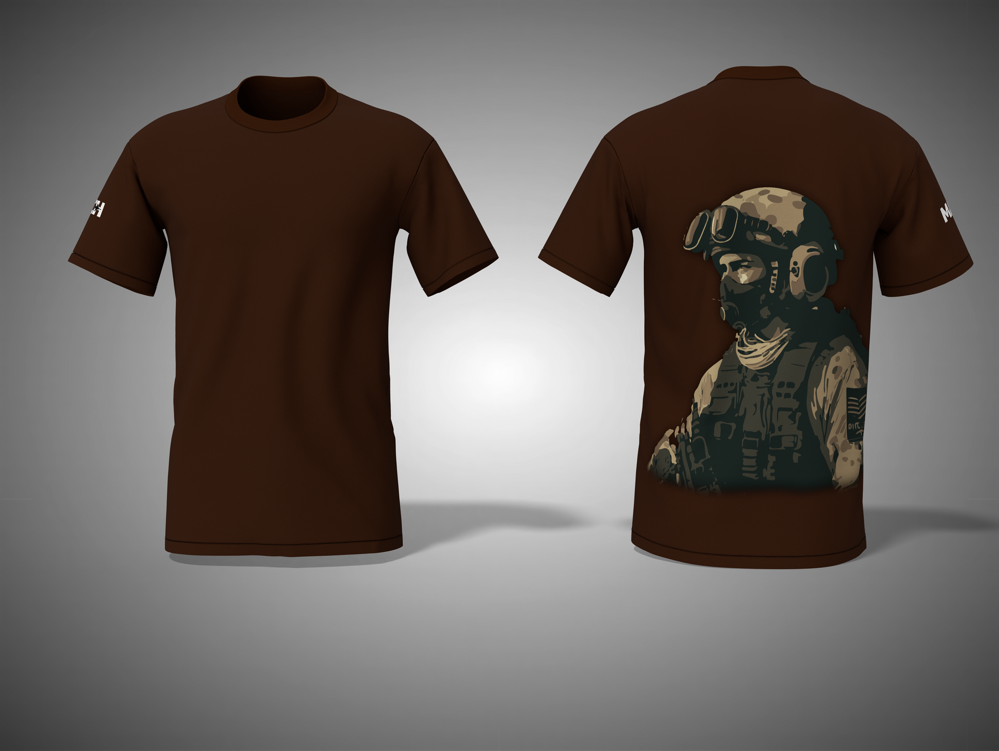 Coffee Brown t-shirt with a graphic of a soldier on the back, shown from front and back views.
