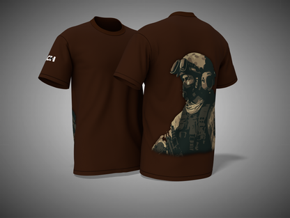 Coffee Brown t-shirt with a graphic of a soldier on the back, displayed on a gray background.
