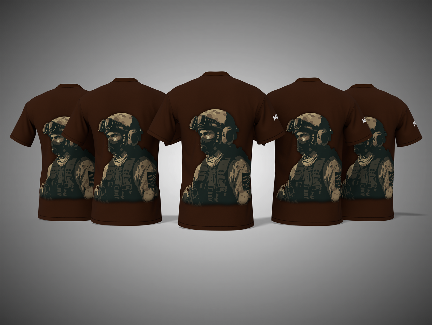 Coffee Brown t-shirts with a graphic of a soldier on a gray background