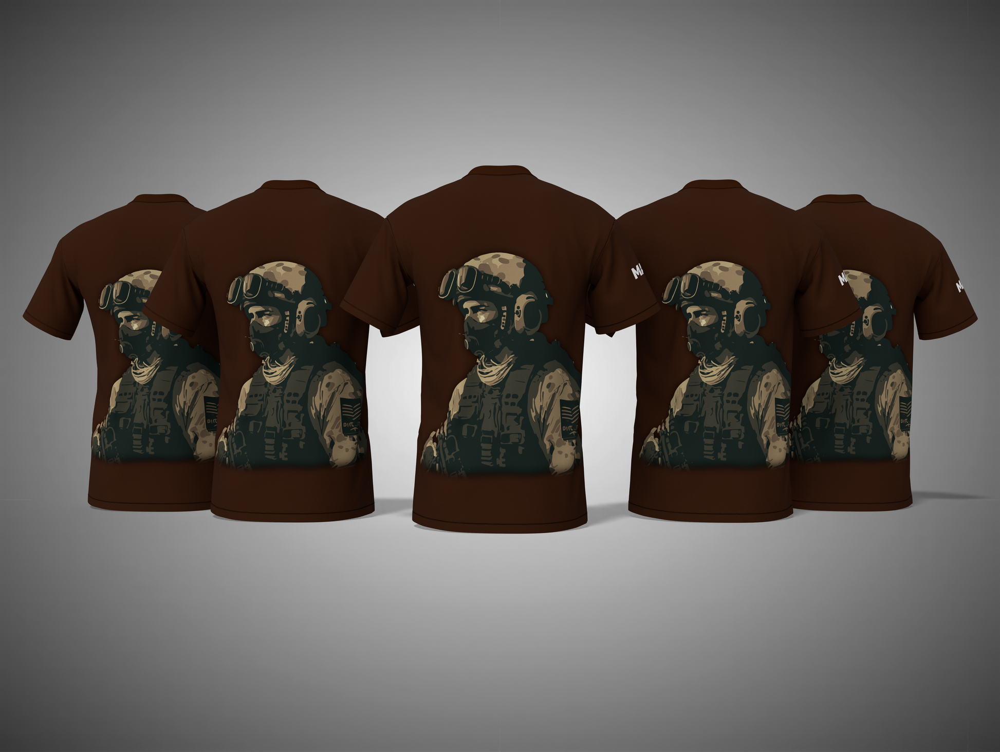 Coffee Brown t-shirts with a graphic of a soldier on a gray background