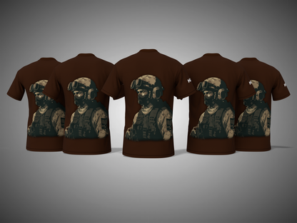 Coffee Brown t-shirts with a graphic of a soldier on a gray background