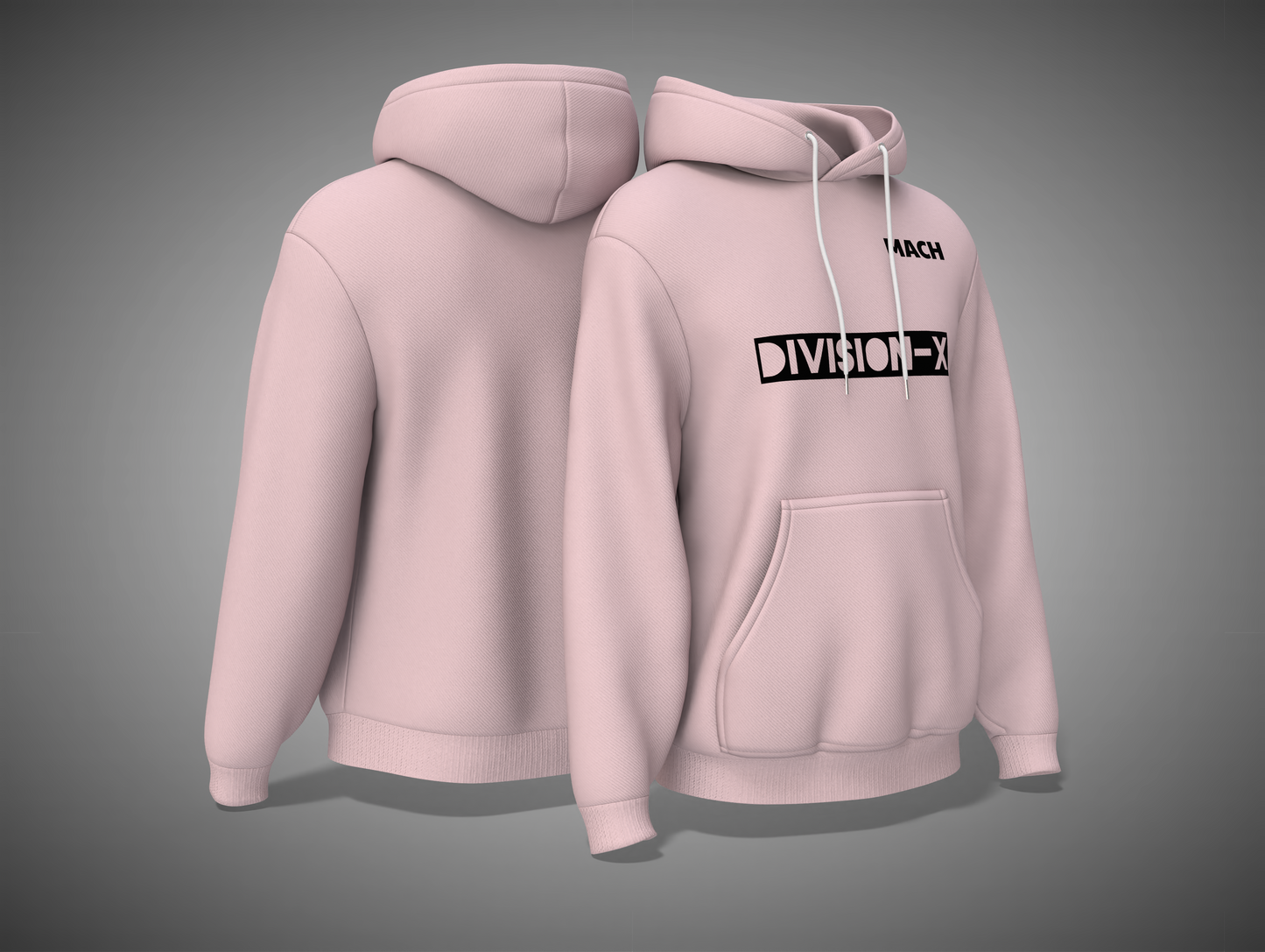light baby pink hoodie with 'Division-X' logo on a gray background