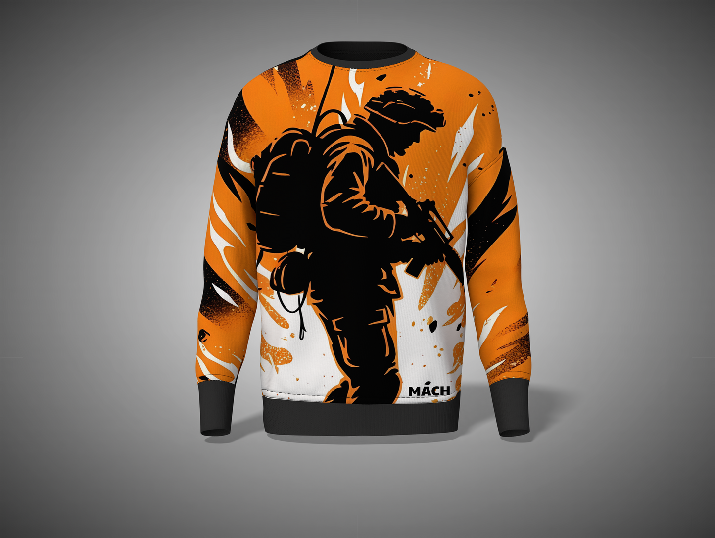 Orange Sweatshirt with a graphic design of a person holding a gun on an orange and white background