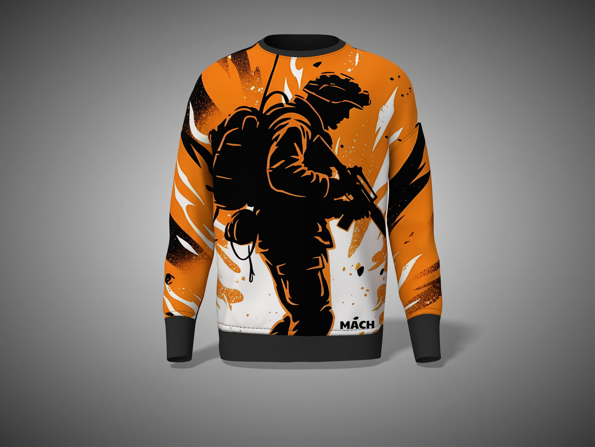 Orange Sweatshirt with a graphic design of a person holding a gun on an orange and white background