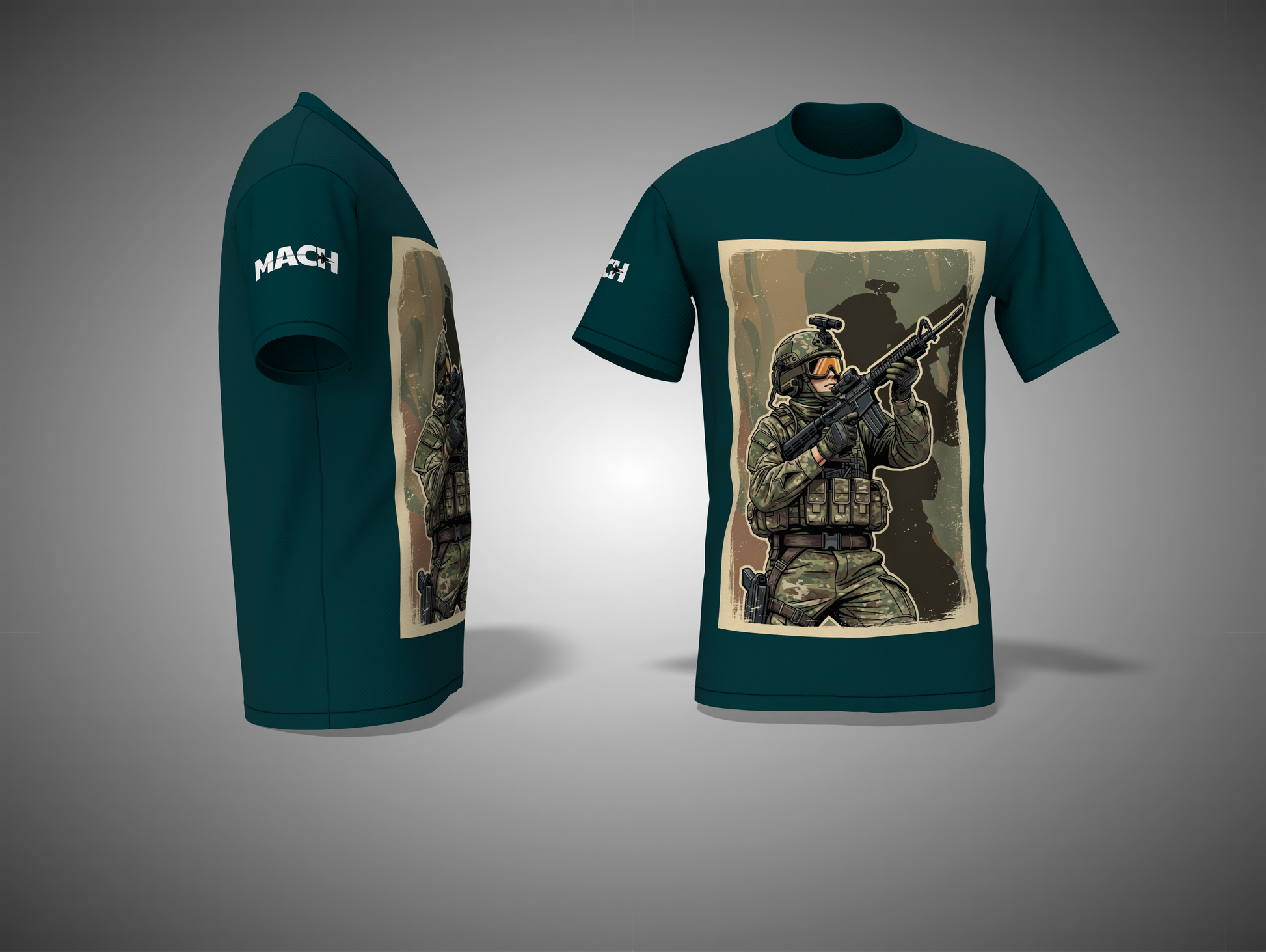 Navy Blue t-shirt with military-themed graphic and 'NACI' branding on a gray background