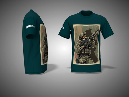 Navy Blue t-shirt with military-themed graphic and 'NACI' branding on a gray background