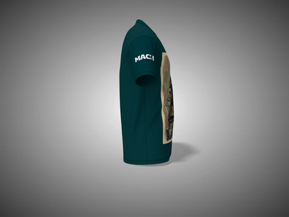 Navy Blue t-shirt with a logo on a gray background