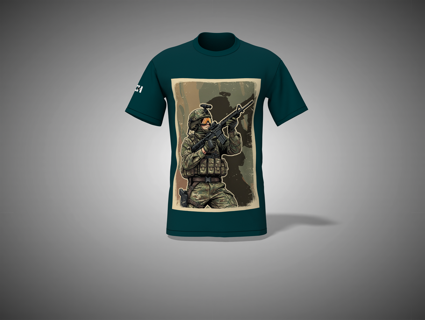 petrol Blue t-shirt with a graphic of a soldier holding a rifle on a gray background