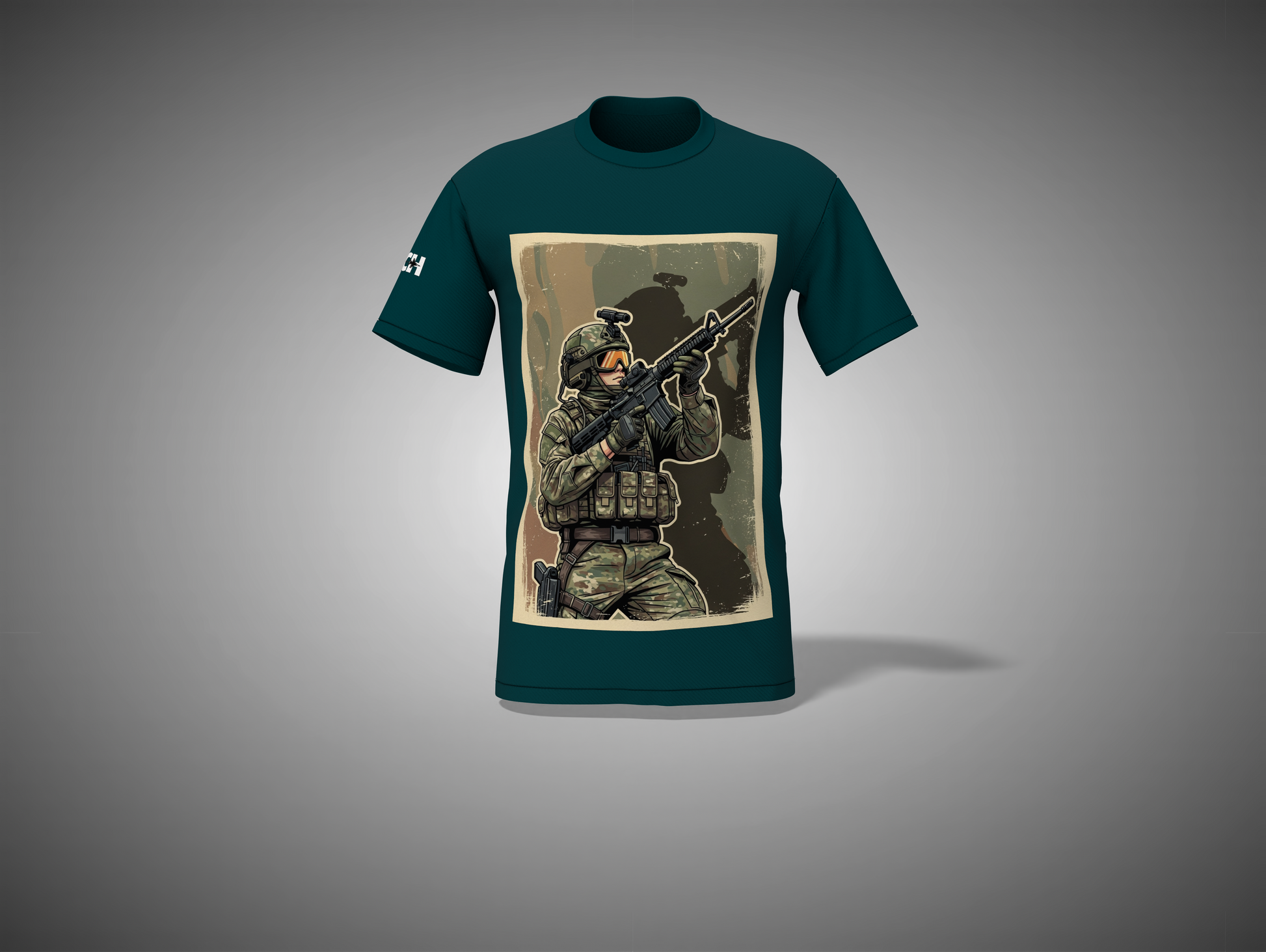 petrol Blue t-shirt with a graphic of a soldier holding a rifle on a gray background