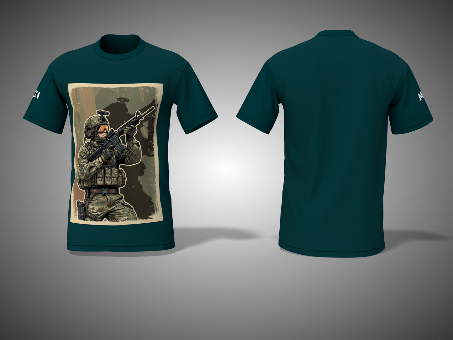 Navy Blue t-shirt with a graphic of a soldier holding a rifle on a gray background