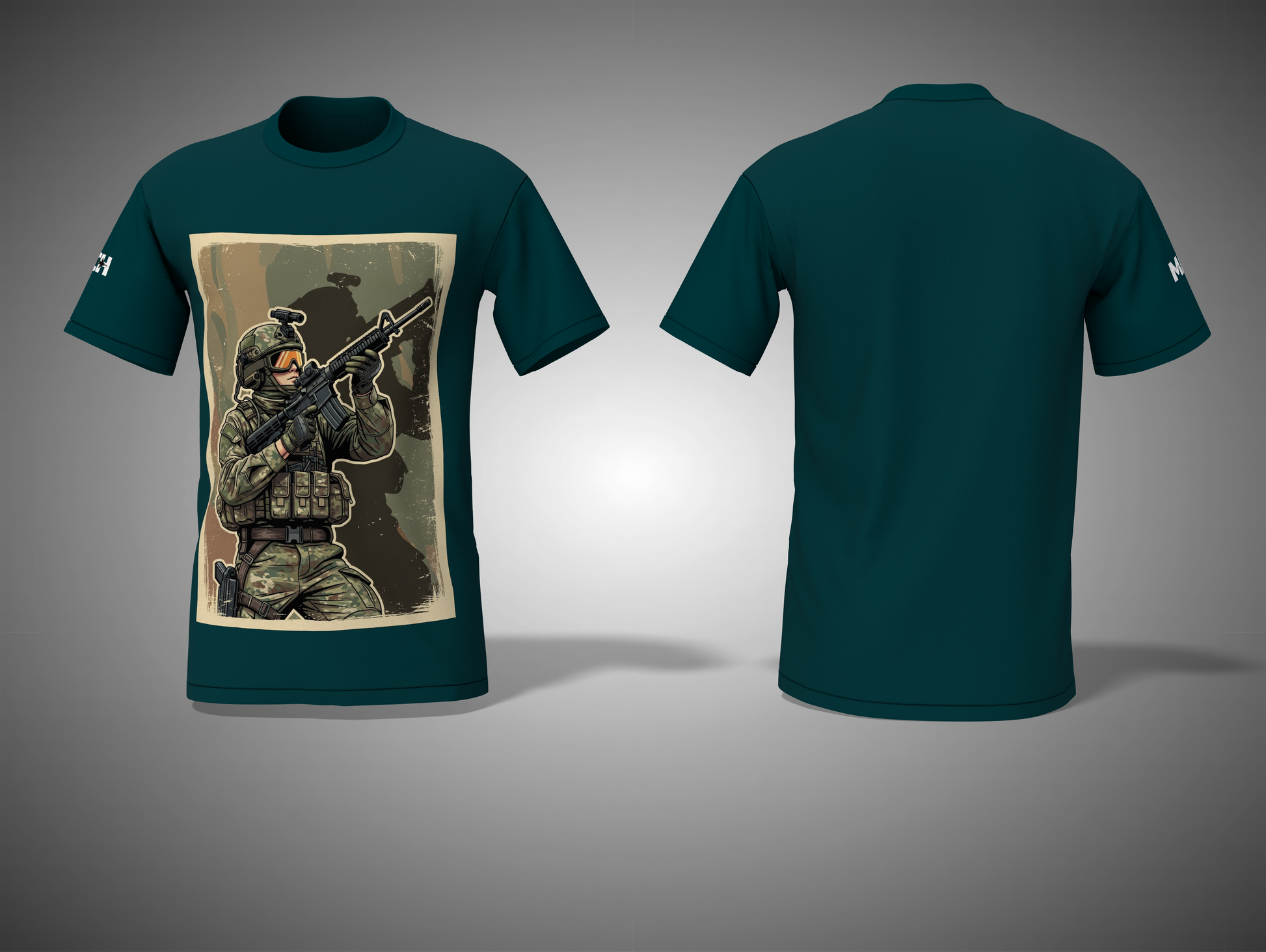Navy Blue t-shirt with a graphic of a soldier holding a rifle on a gray background