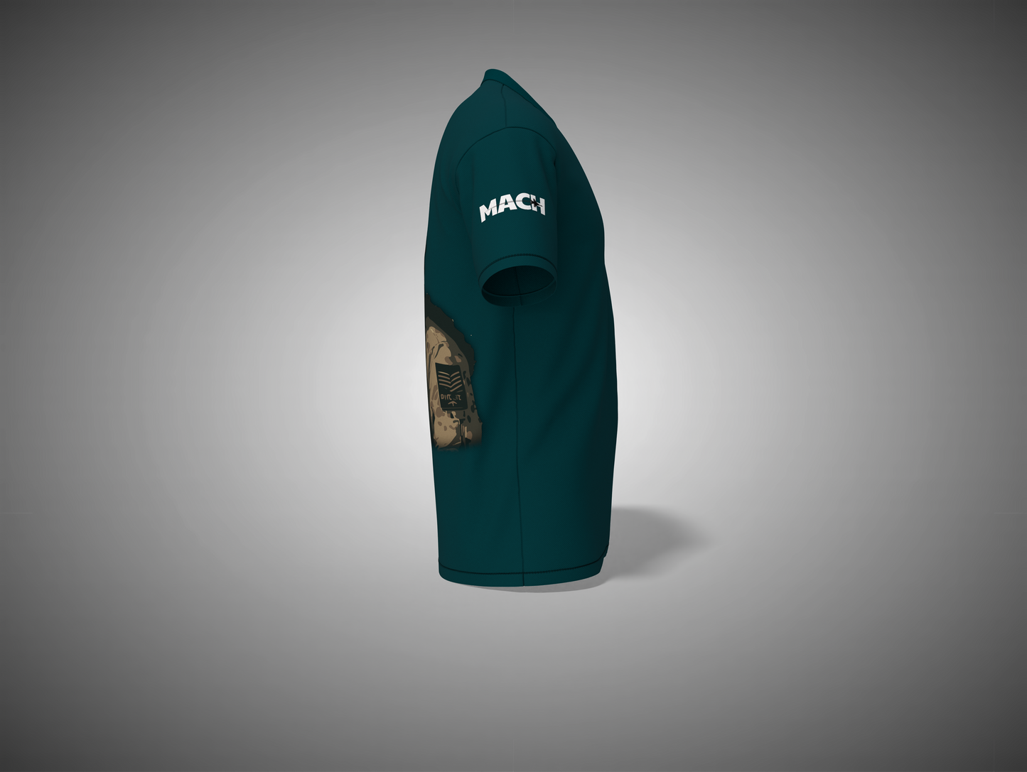 petrol blue Tshirt with 'MACH' branding on a gray background