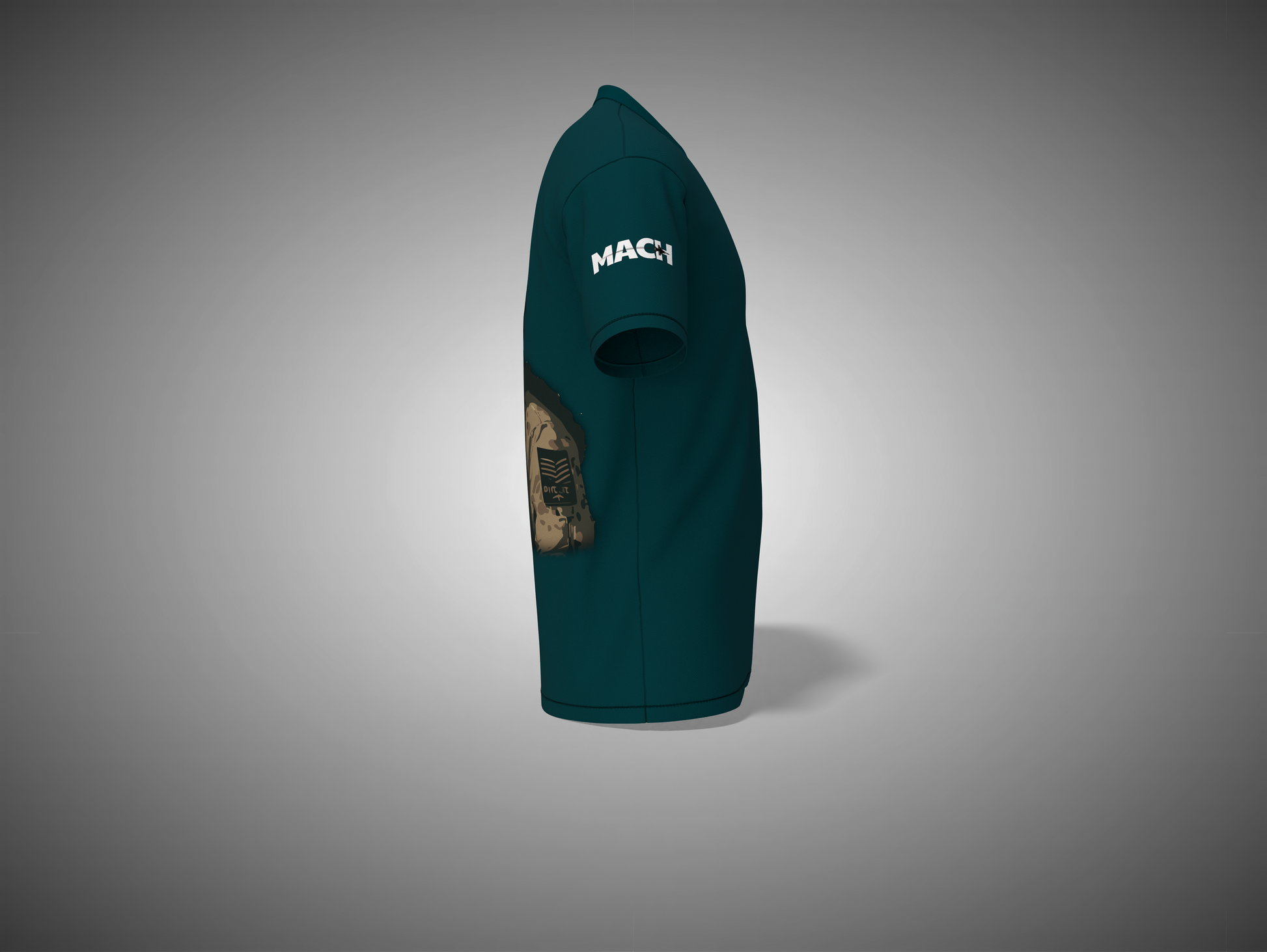petrol blue Tshirt with 'MACH' branding on a gray background
