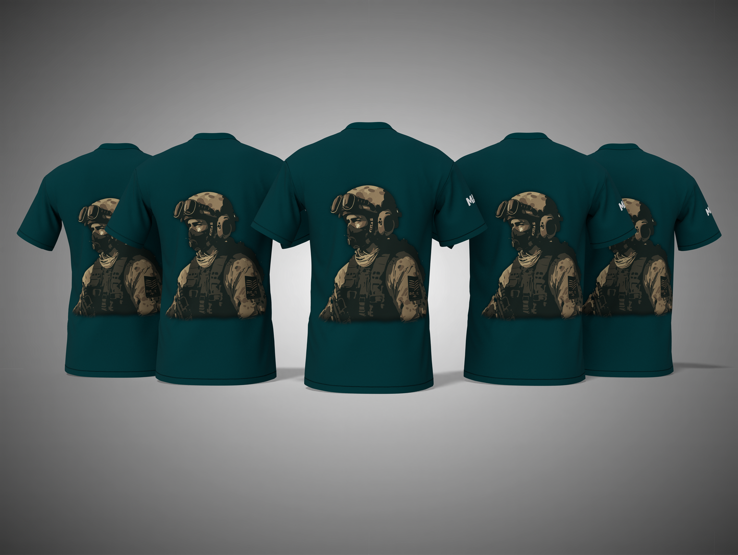 petrol blue t-shirts with a printed design on a gray background