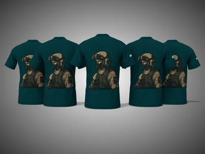 petrol blue t-shirts with a printed design on a gray background