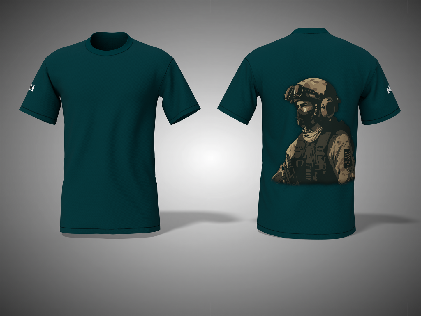 petrol blue t-shirt with a graphic of a soldier on the back, shown from front and back views.