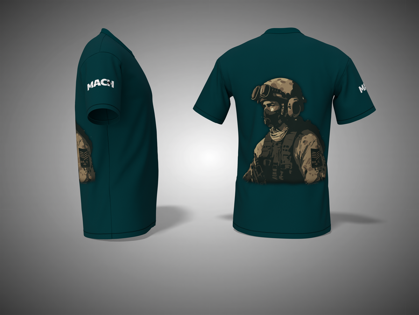 petrol blue t-shirt with a graphic design on a gray background