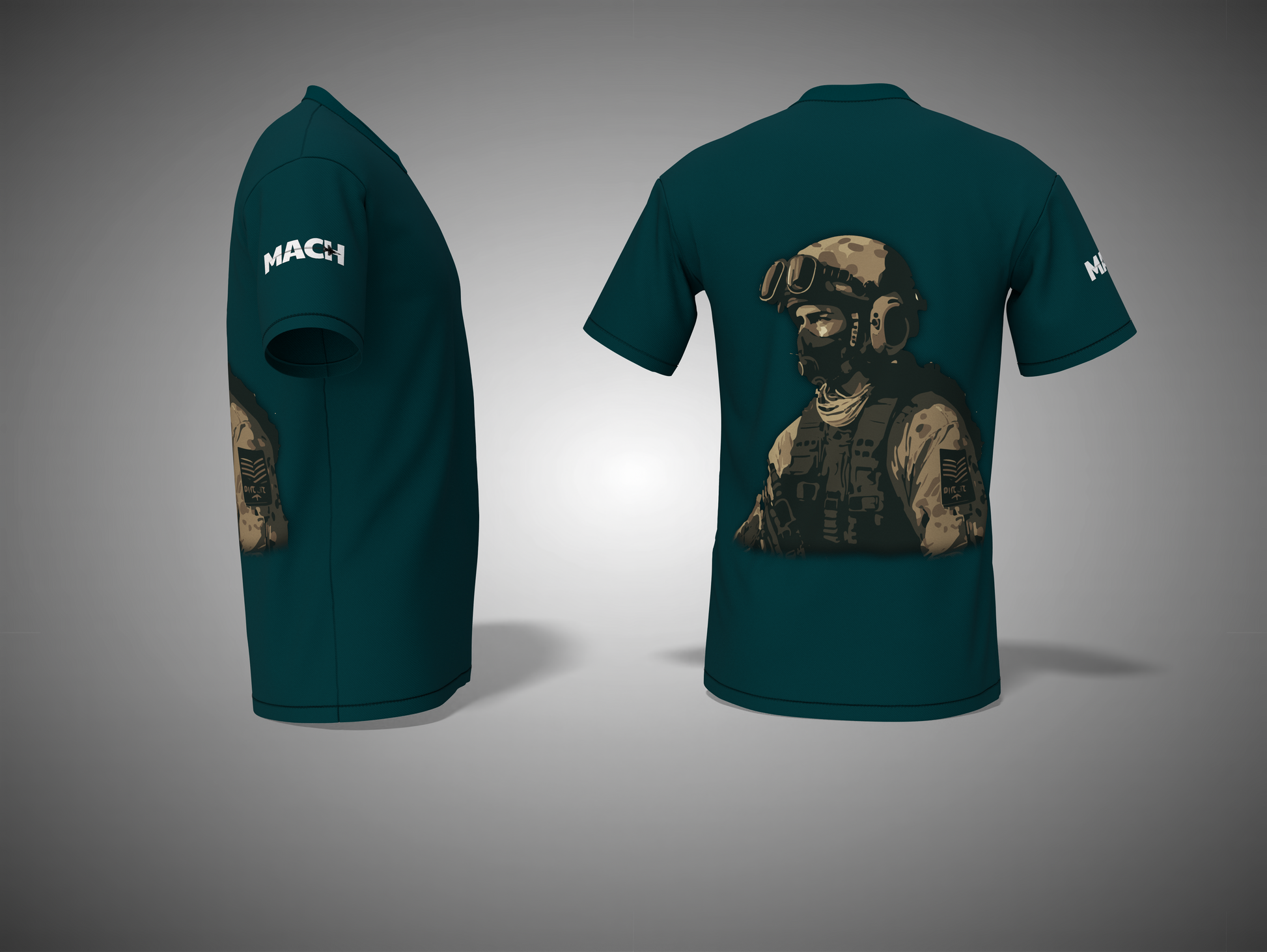 petrol blue t-shirt with a graphic design on a gray background