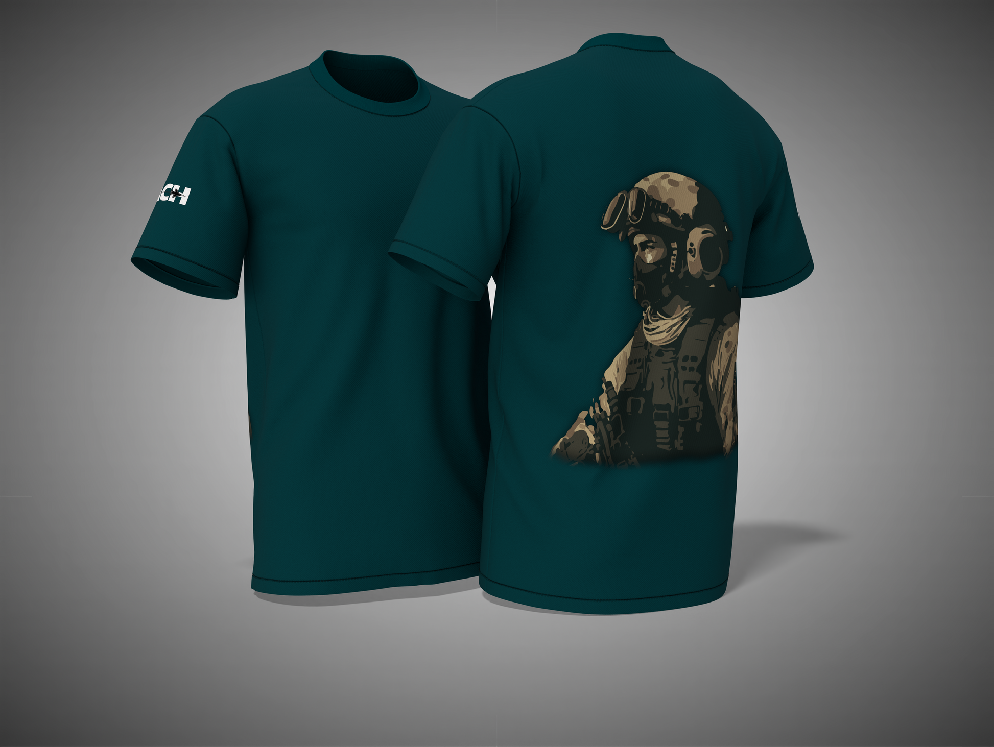 petrol blue t-shirt with a dog graphic on the back, displayed against a gray background