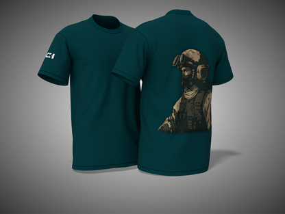 petrol blue t-shirt with a dog graphic on the back, displayed against a gray background