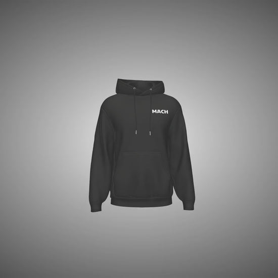 Black hoodie with 'MACH' branding on a gray background