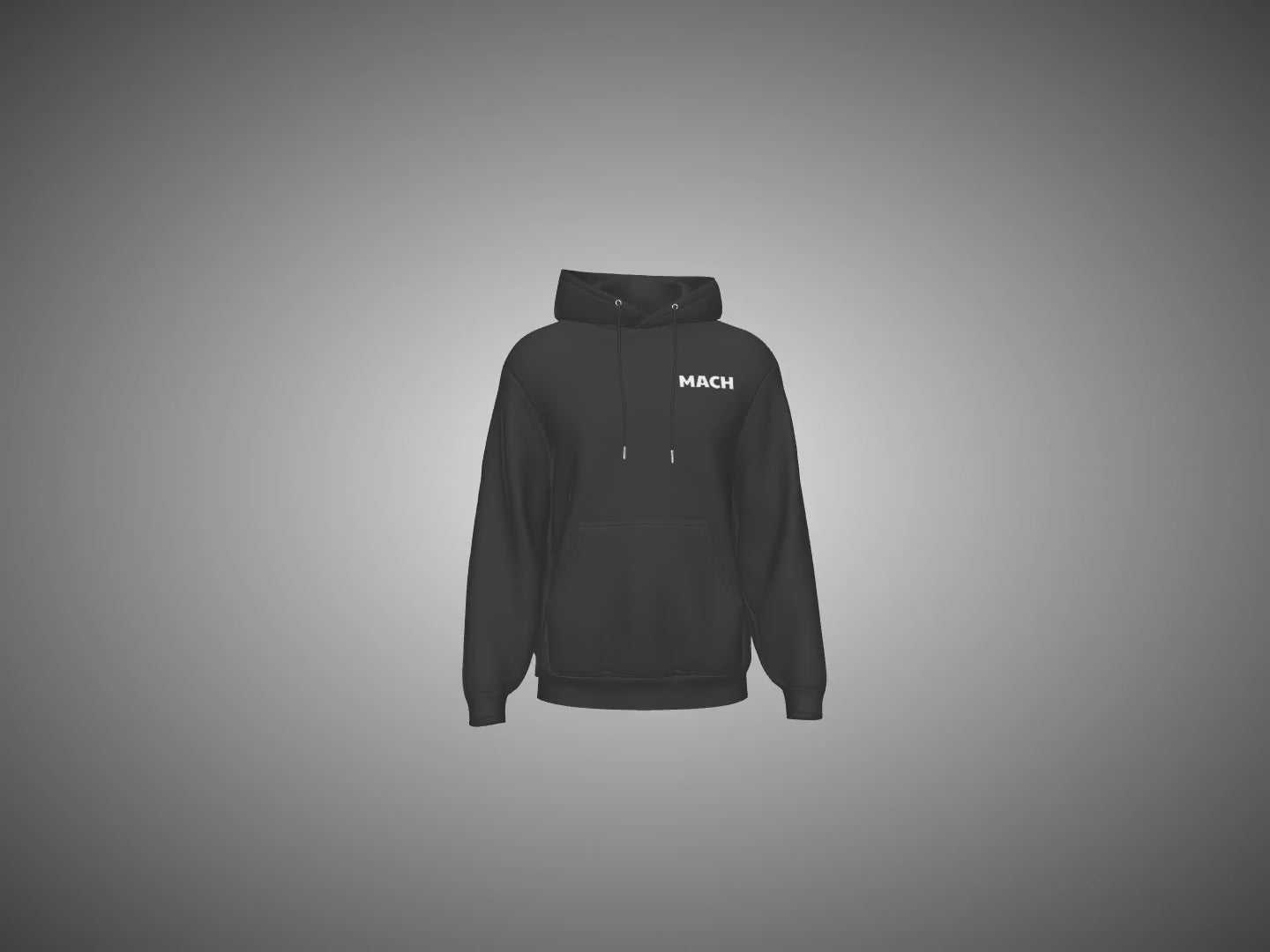 Black hoodie with 'MACH' branding on a gray background